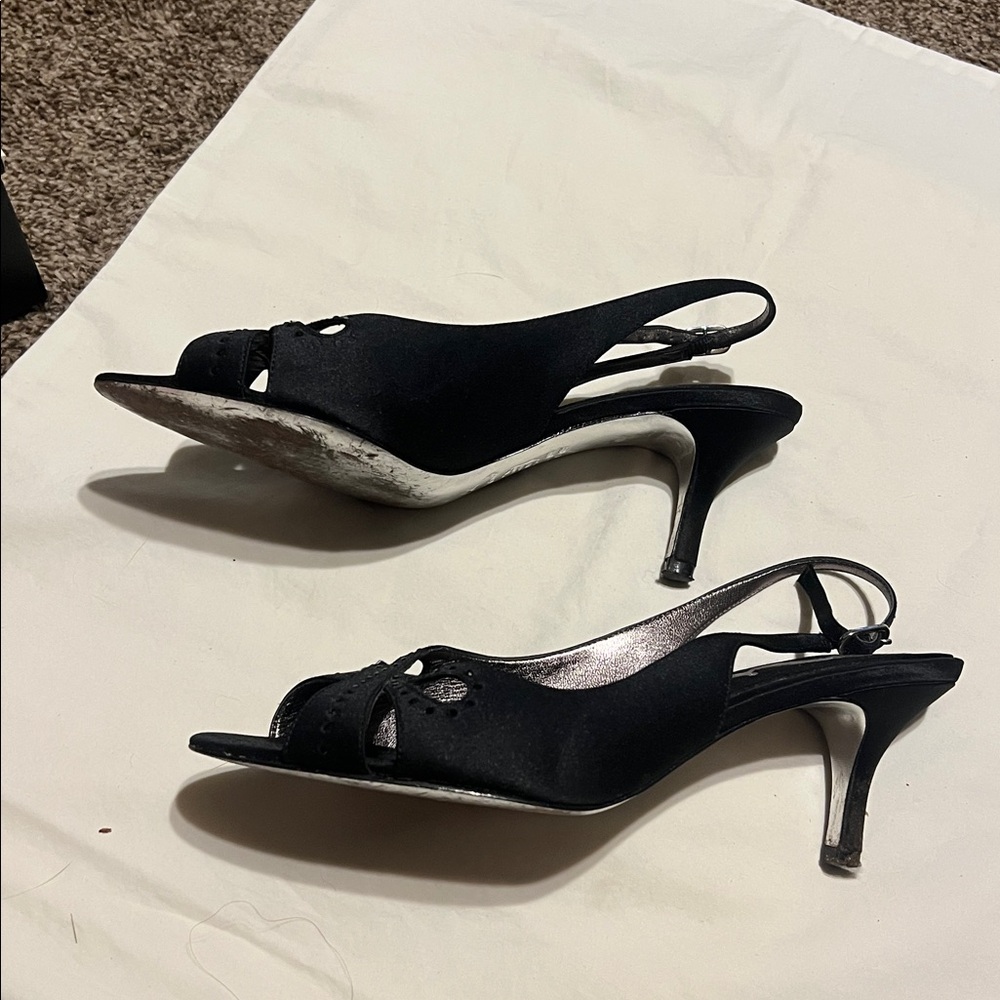 Nina black satin sling back peep toe heels genuine leather sole. - Picture 3 of 9
